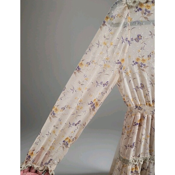 THE SHIRT ROCHELLE BEHRENS XS Sheer Beige Blue Floral Ruffle Trim Mini Dress - Picture 4 of 11